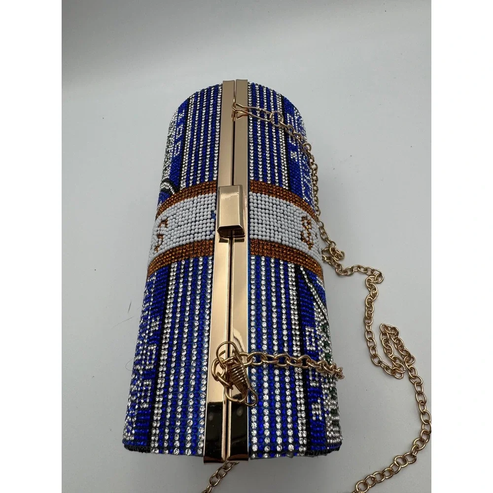 Rhinestone Money Roll Clutch Bag Blue‎ Gold Crystal Barrel Evening Purse